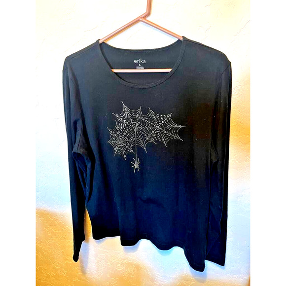 ERIKA BLACK LONG SLEEVE T-SHIRT WITH Sparkle SPIDER WEB L Goth Halloween - Picture 1 of 2
